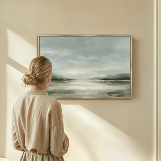 A woman stands in front of a painting, gazing at the landscape depicted in the artwork.