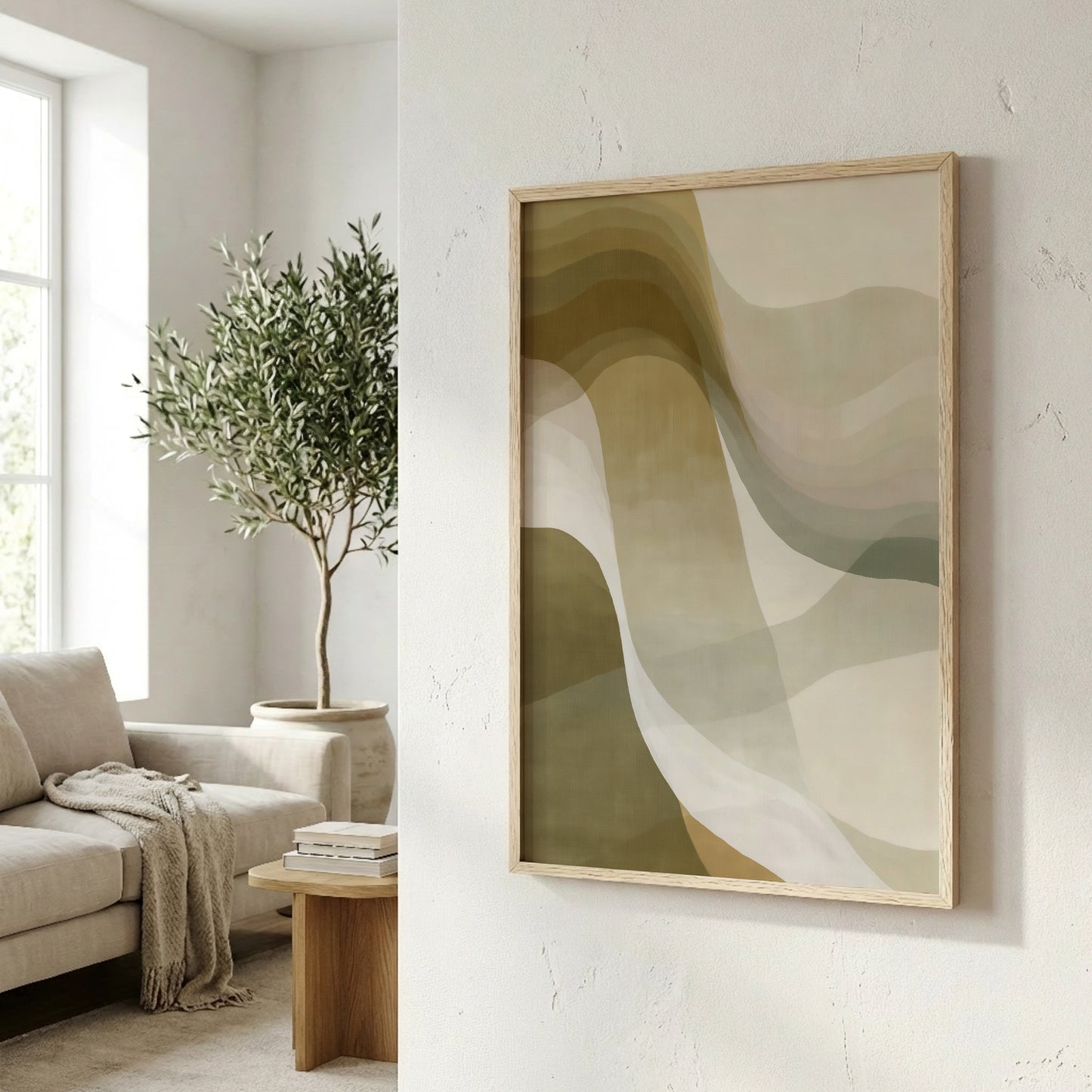 a living room with a large abstract painting hanging on the wall, a comfortable couch, and a potted plant.