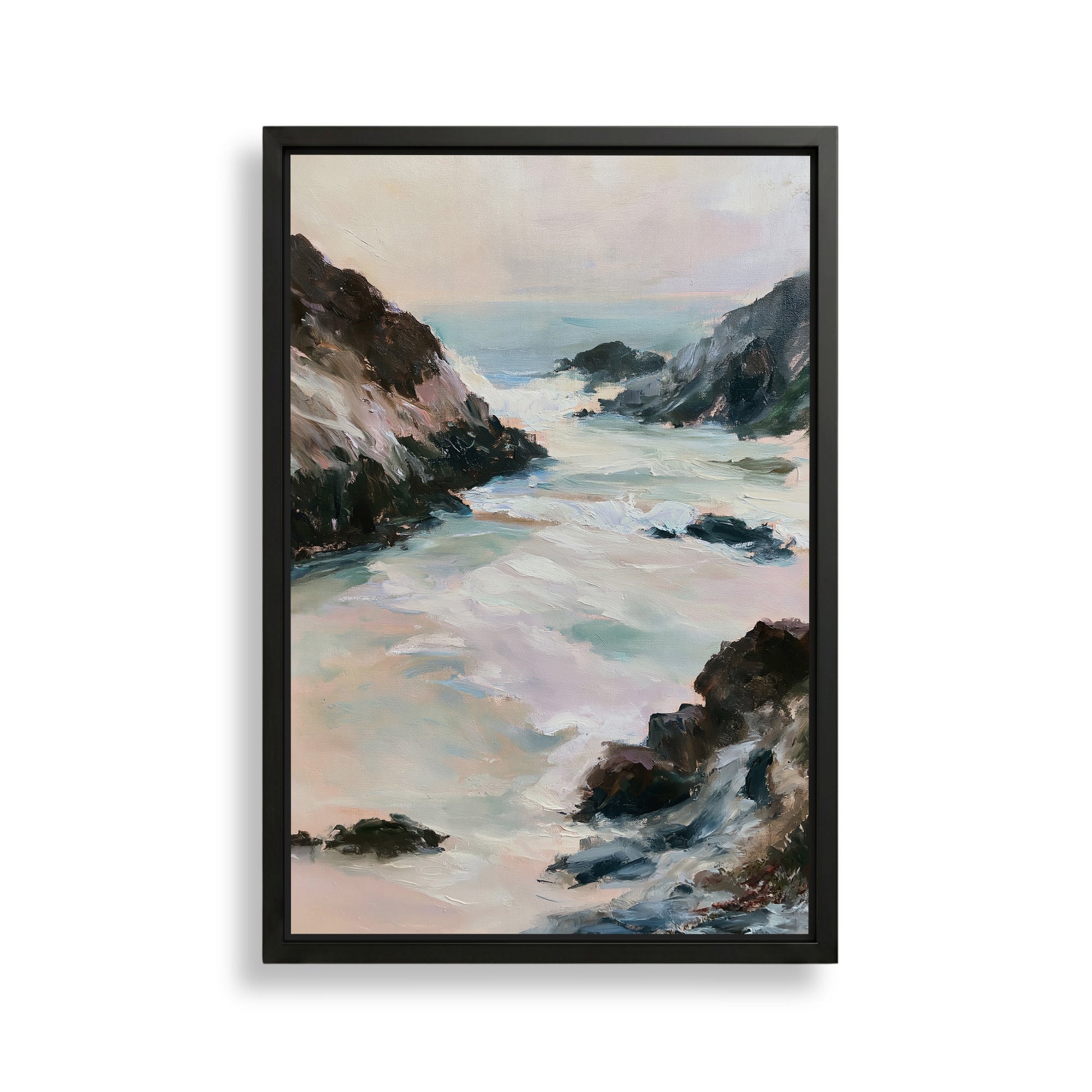 The image is a framed painting depicting a serene coastal landscape with rocky cliffs, crashing waves, and a hazy sky.