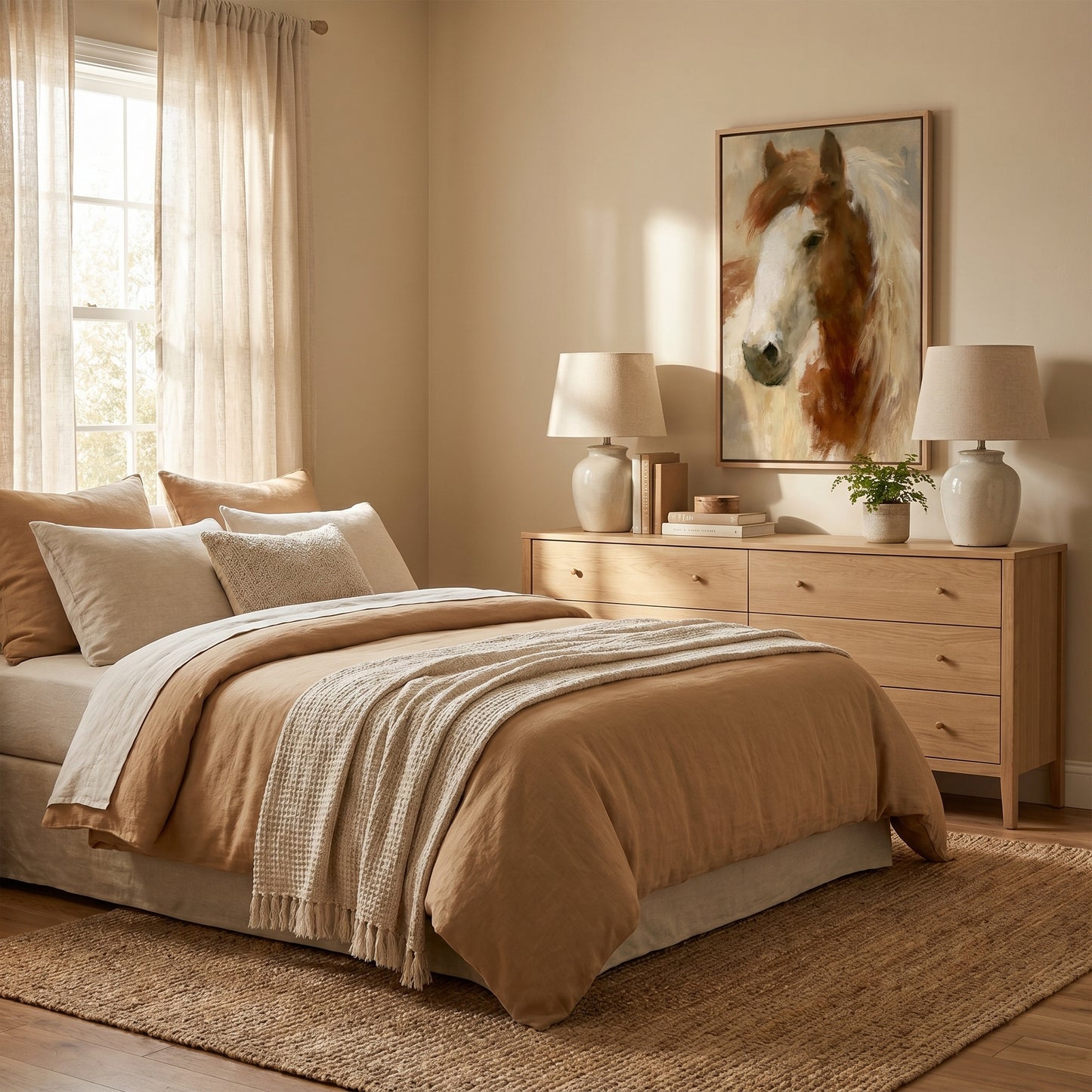 a cozy bedroom with a large bed, a dresser, and a painting of a horse on the wall. The room has a warm, neutral color scheme with beige and brown tones, creating a serene and inviting atmosphere.