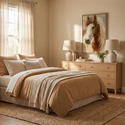 a cozy bedroom with a large bed, a dresser, and a painting of a horse on the wall. The room has a warm, neutral color scheme with beige and brown tones, creating a serene and inviting atmosphere.