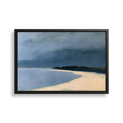 The image is a framed painting depicting a serene beach scene with a calm body of water and a sandy shoreline.