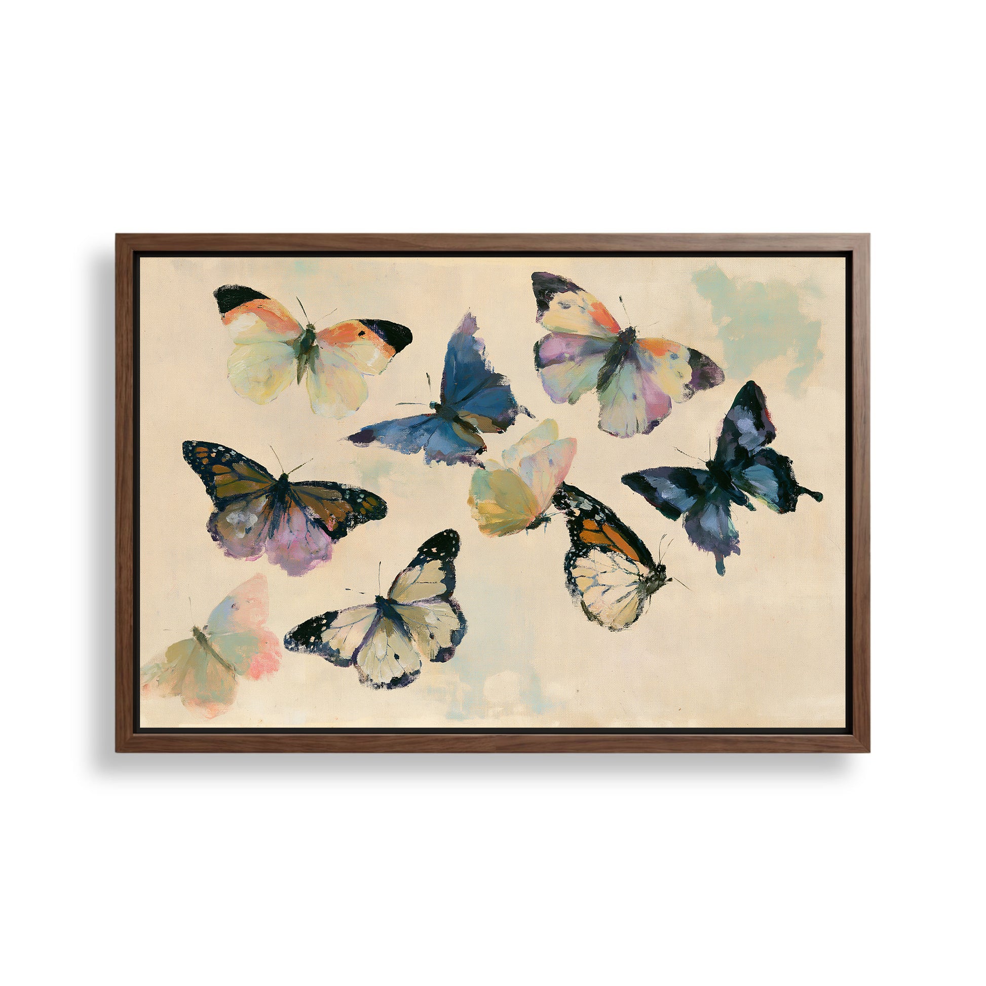 The image is a framed painting depicting a group of colorful butterflies in various stages of flight.