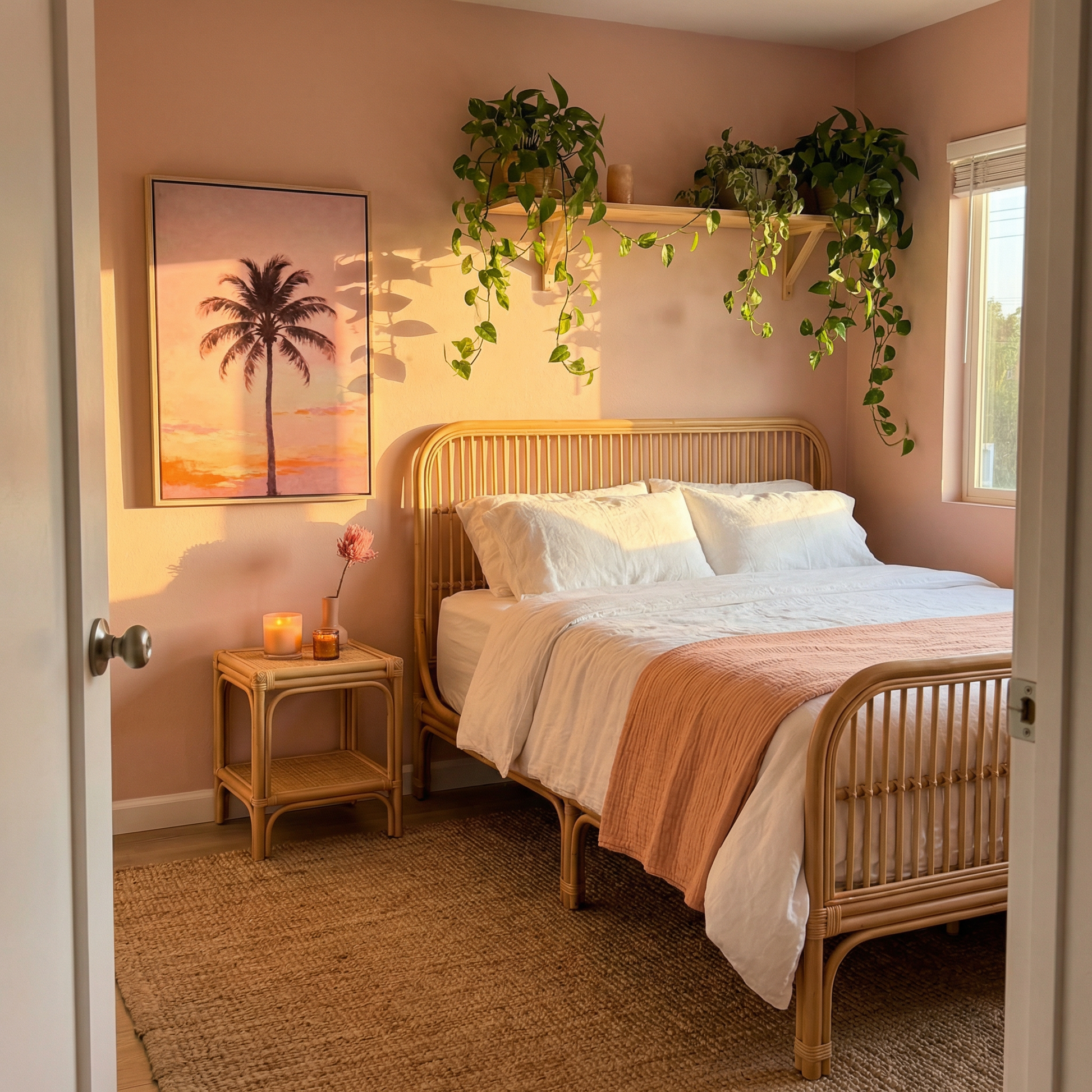 a cozy bedroom with a large bed, a wooden headboard, and a painting of a palm tree on the wall. The room is decorated with potted plants and a wooden nightstand.