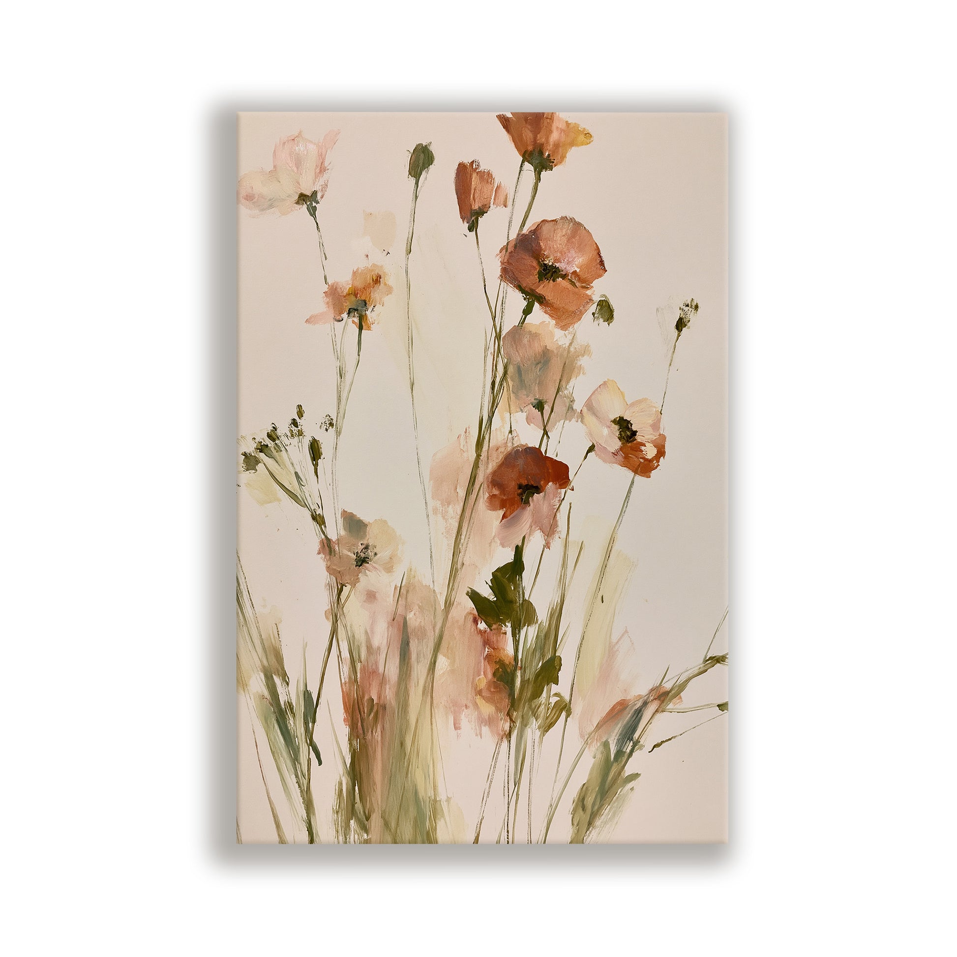 The image is a painting of a field of flowers, with various shades of pink and orange flowers in different stages of bloom.