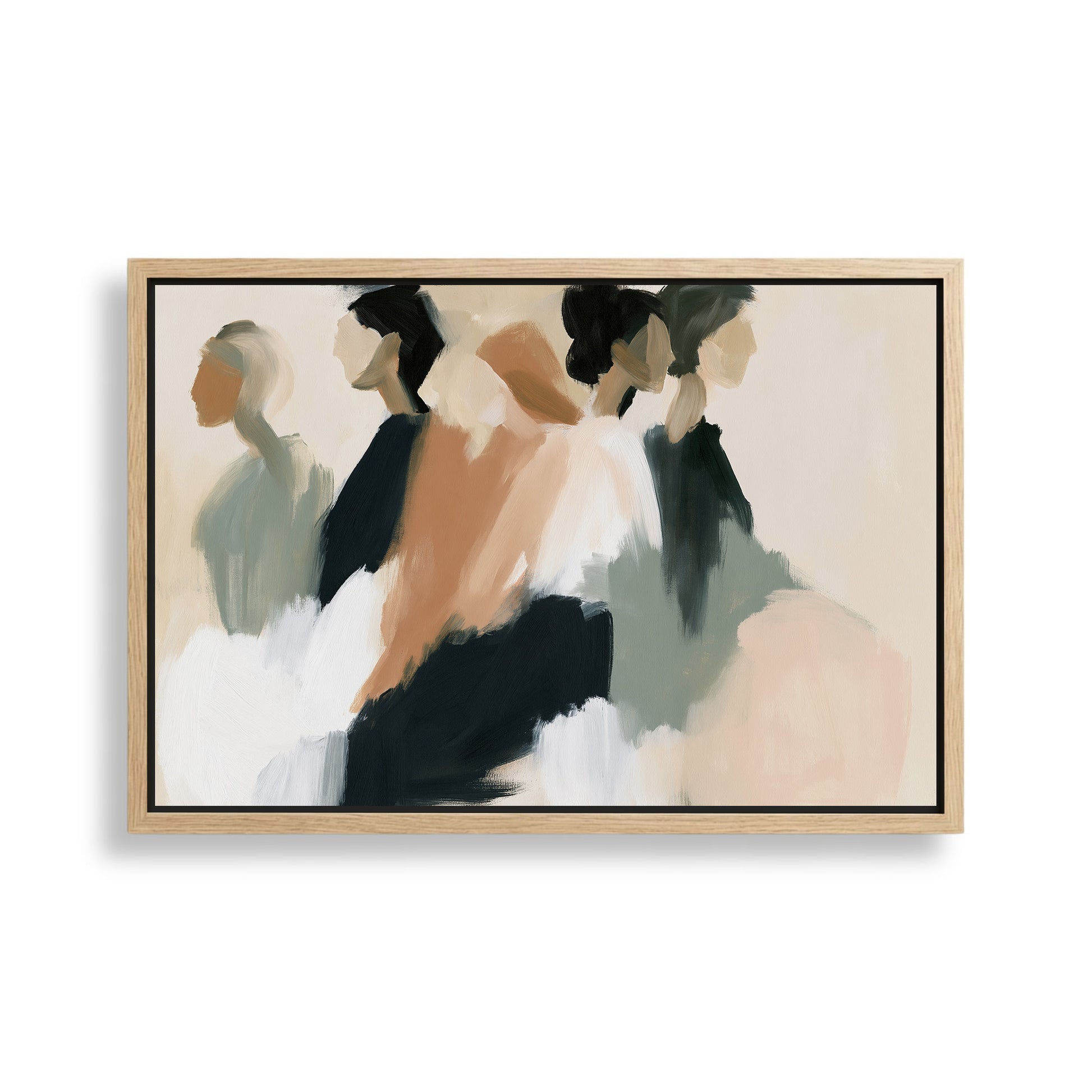 The image is an abstract painting featuring a group of people in various poses and expressions, rendered in a loose and expressive style.