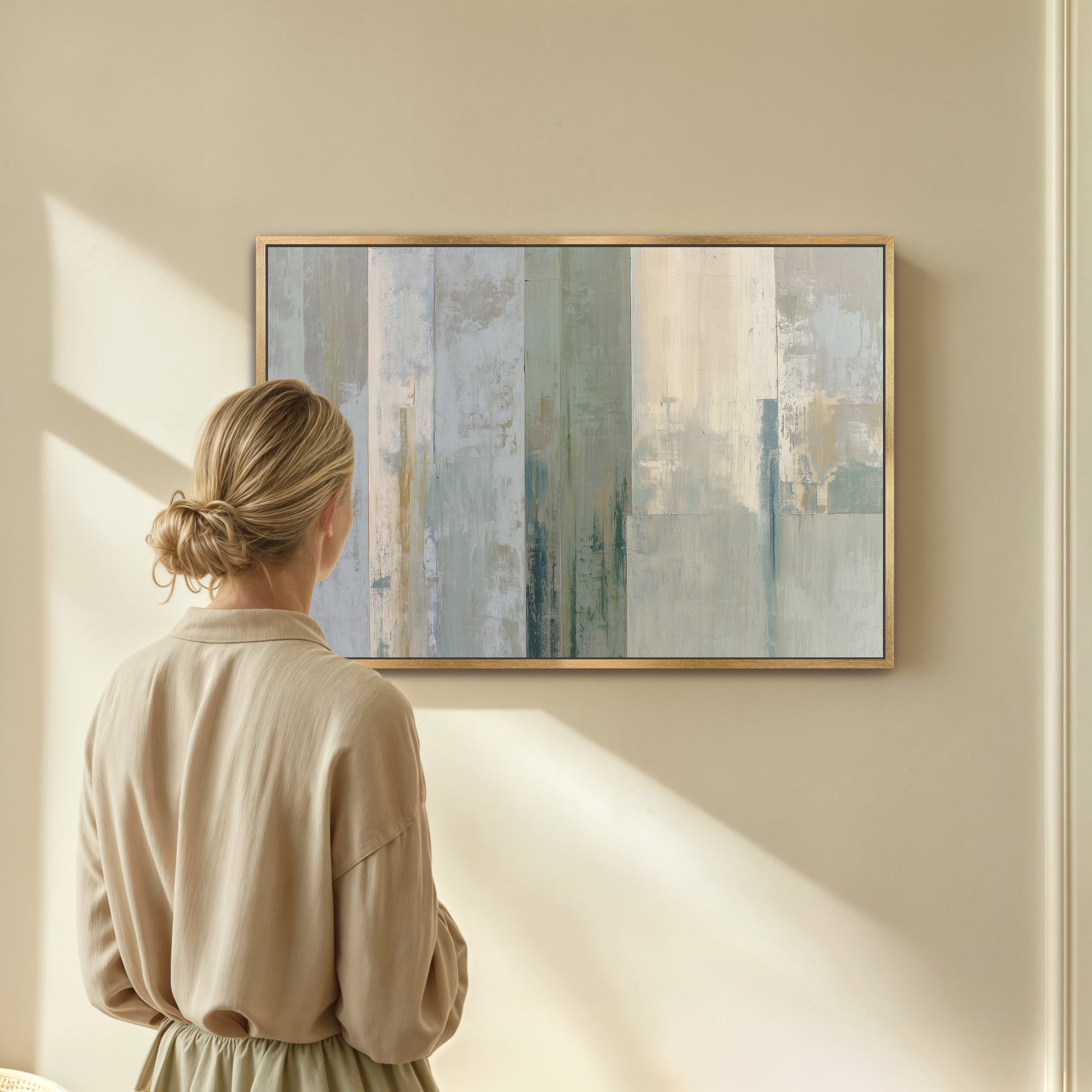 A woman stands in front of a large abstract painting, gazing at it with interest.