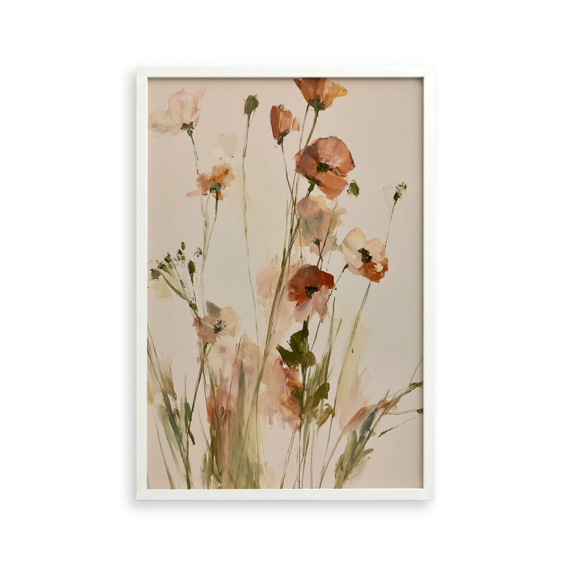 The image is a framed painting depicting a bouquet of flowers with various shades of pink and white.