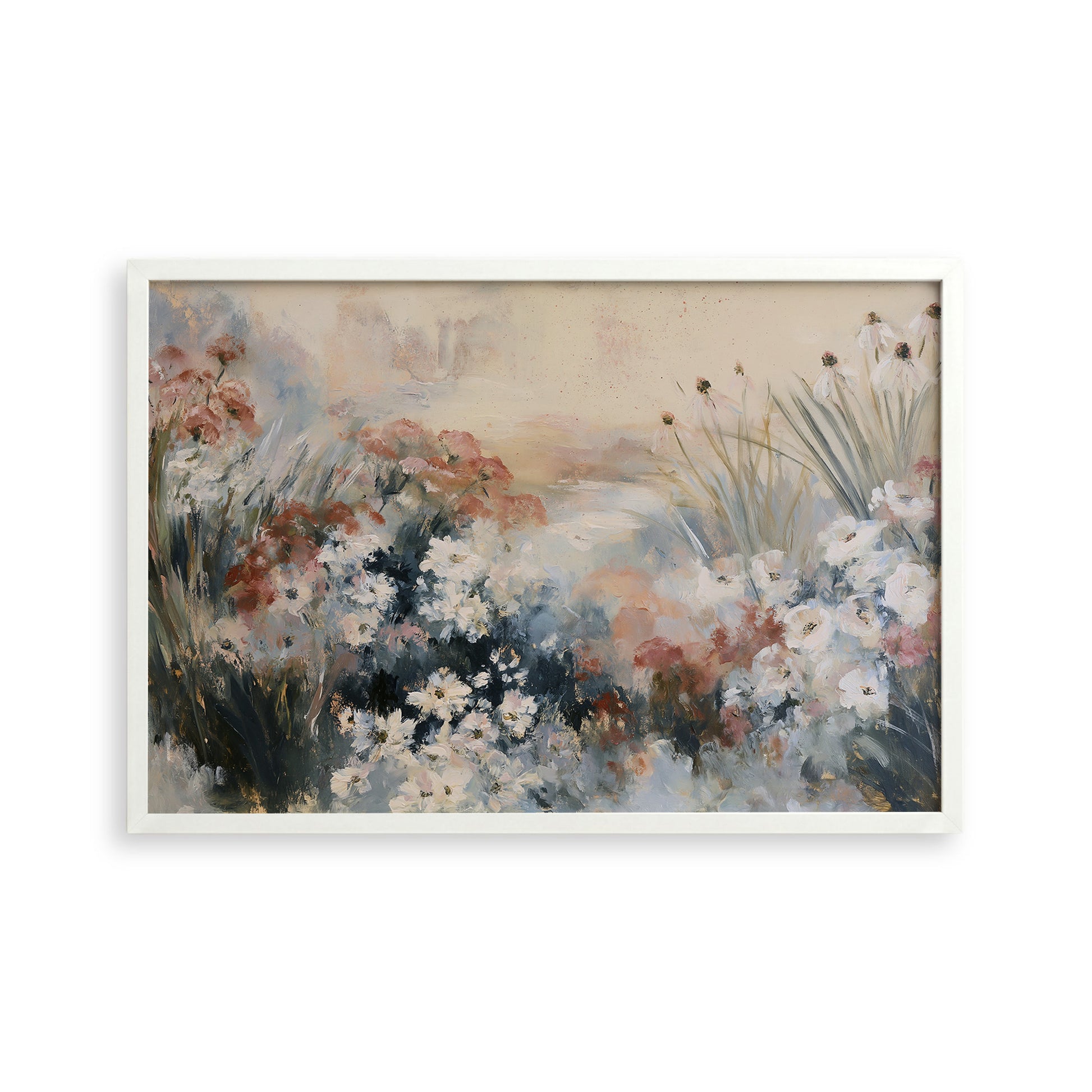 The image is a painting of a field filled with various flowers, including white, pink, and purple blooms. The painting is framed and displayed on a wall.