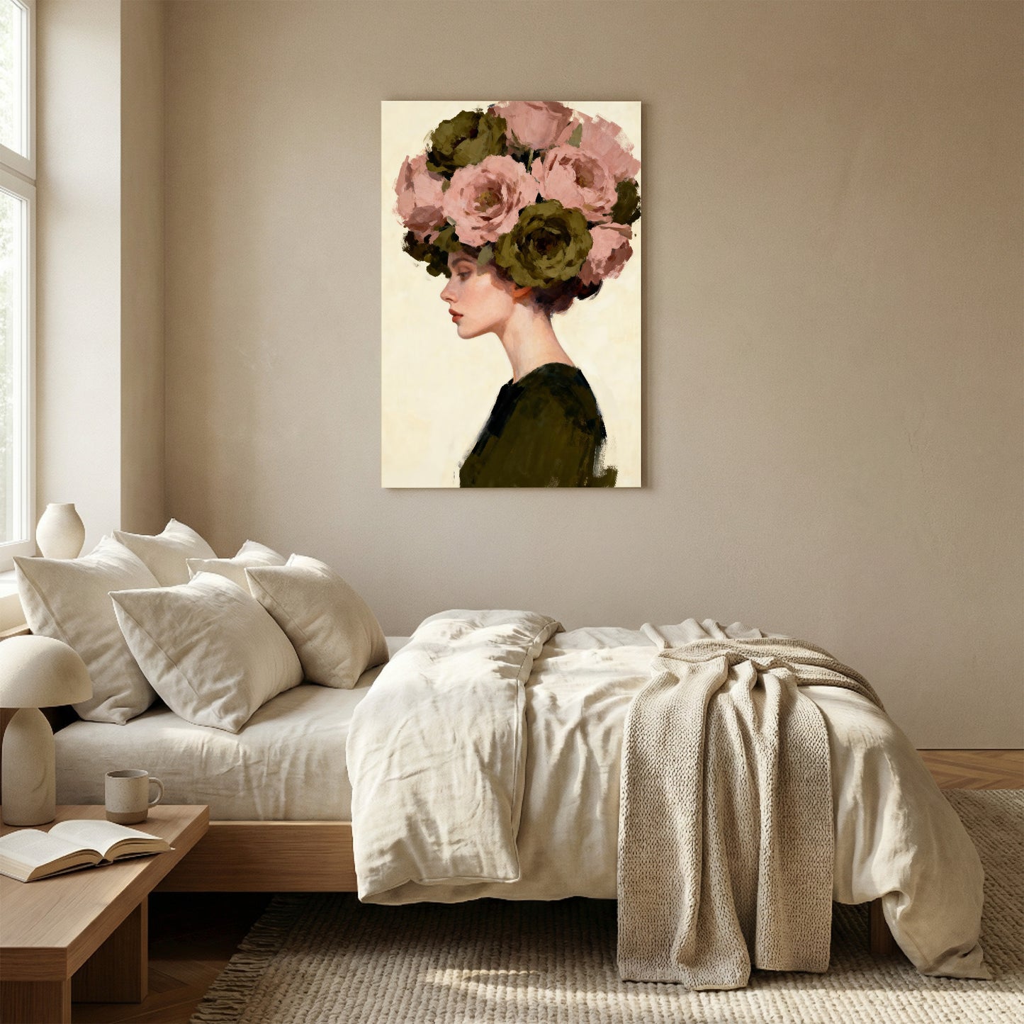 a bedroom with a large bed, a nightstand, and a painting of a woman with a floral headdress hanging on the wall above the bed.