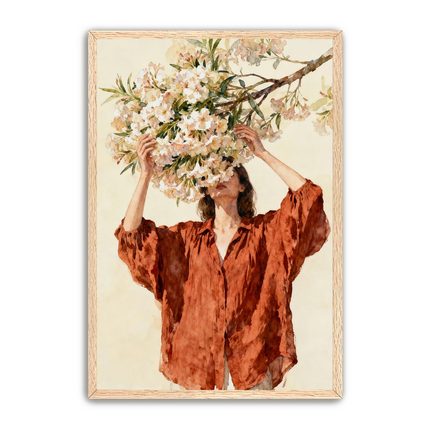 A woman in a red dress is holding a branch of flowers above her head, obscuring her face.
