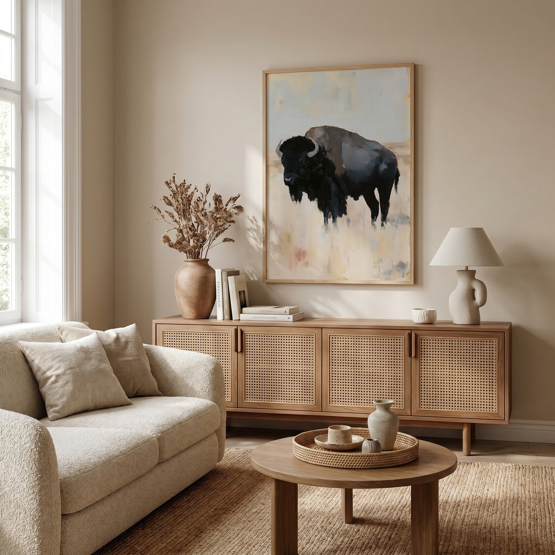 a cozy living room with a large painting of a bison on the wall, a beige sofa, a wooden sideboard, and a round coffee table.