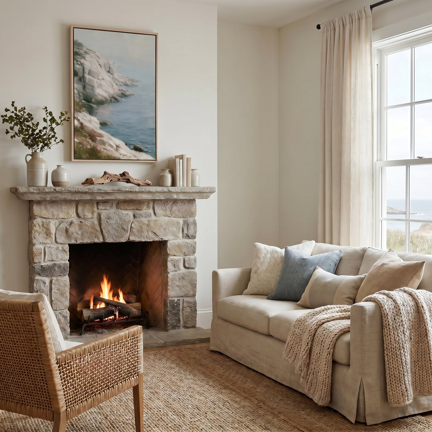 a cozy living room with a stone fireplace, a comfortable sofa, and a wicker chair. The fireplace is lit, creating a warm and inviting atmosphere.