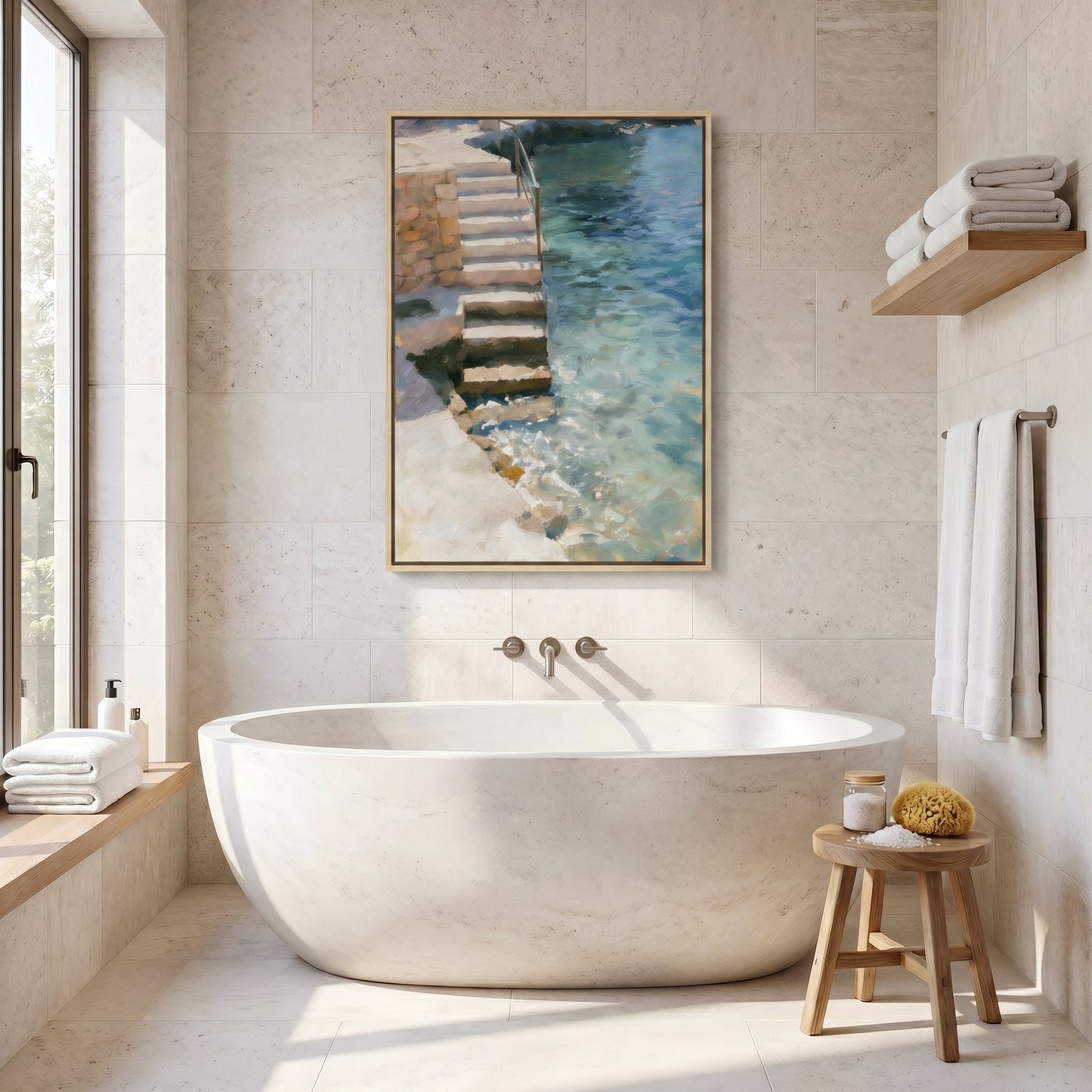 a serene and modern bathroom with a large white freestanding bathtub, a wooden stool, and a framed painting of a staircase leading to a pool of water.