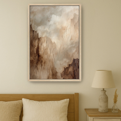 a serene bedroom scene with a large framed painting of a mountain landscape hanging on the wall above a bed with a wooden headboard.