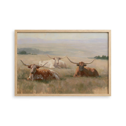 a group of longhorn cattle resting in a grassy field.
