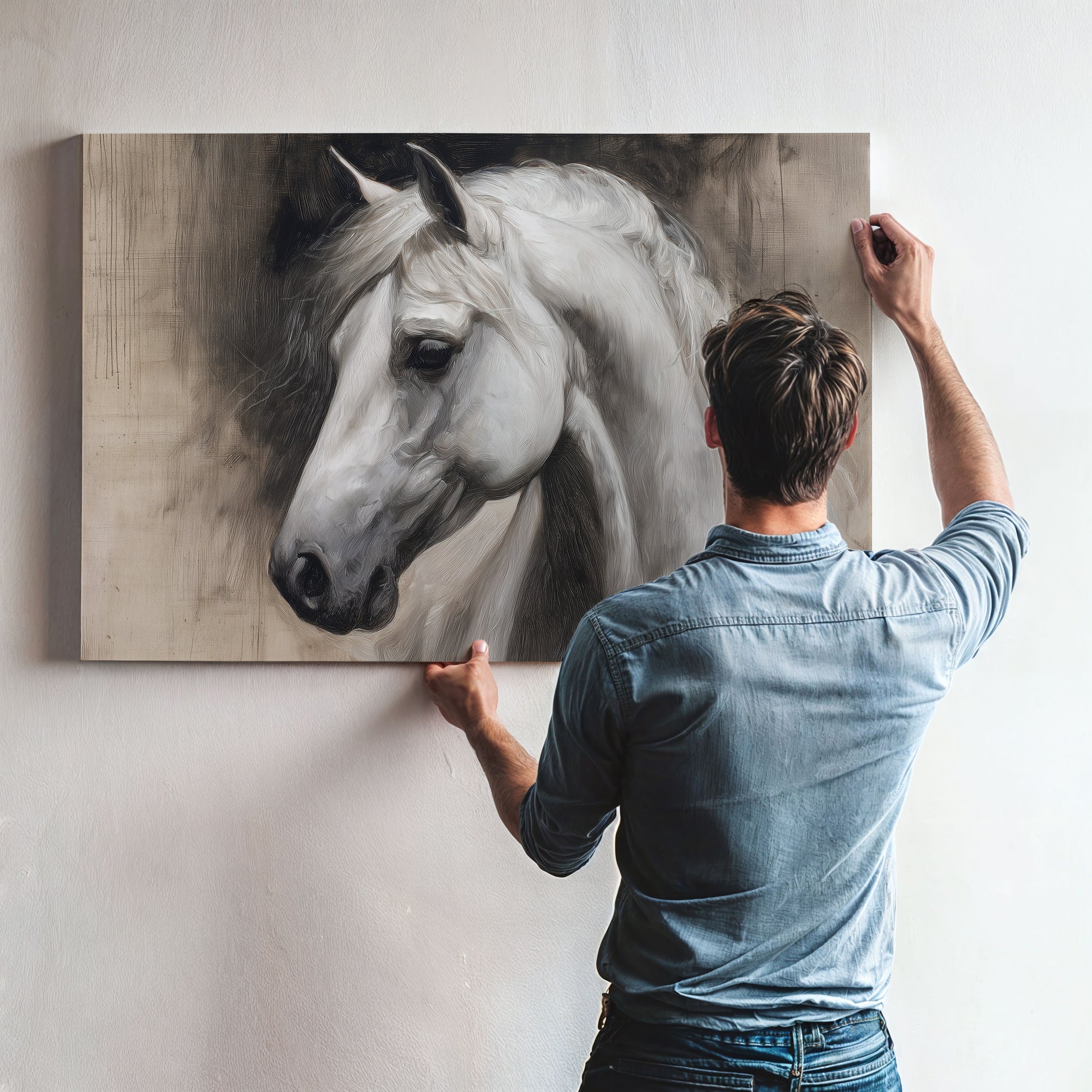 A man is hanging a large painting of a white horse on a wall.