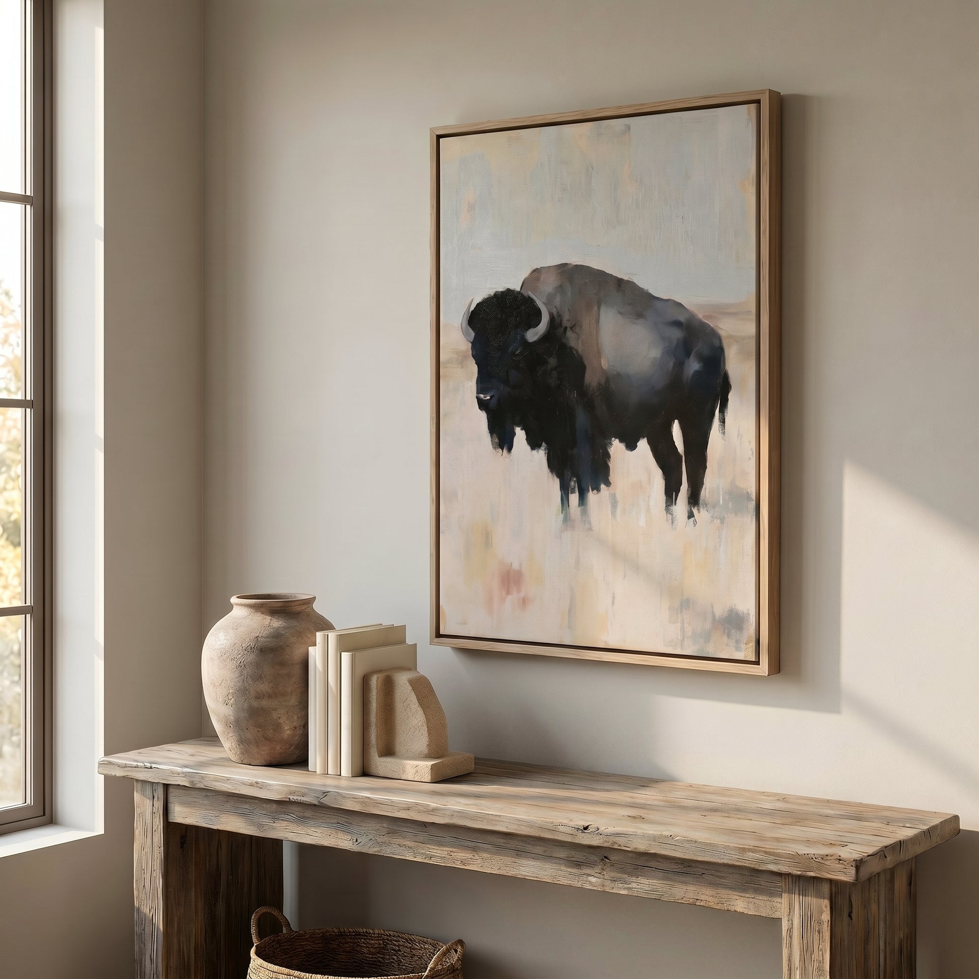 a wooden console table with a vase, a stack of books, and a framed painting of a bison on the wall above it.