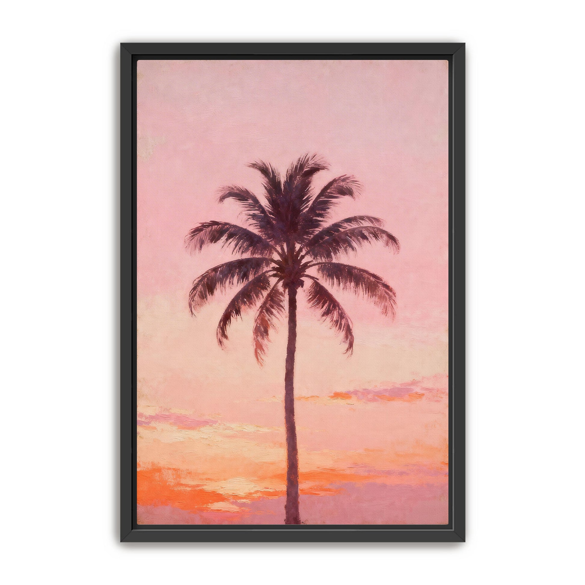 A framed painting depicting a palm tree silhouetted against a vibrant sunset sky.