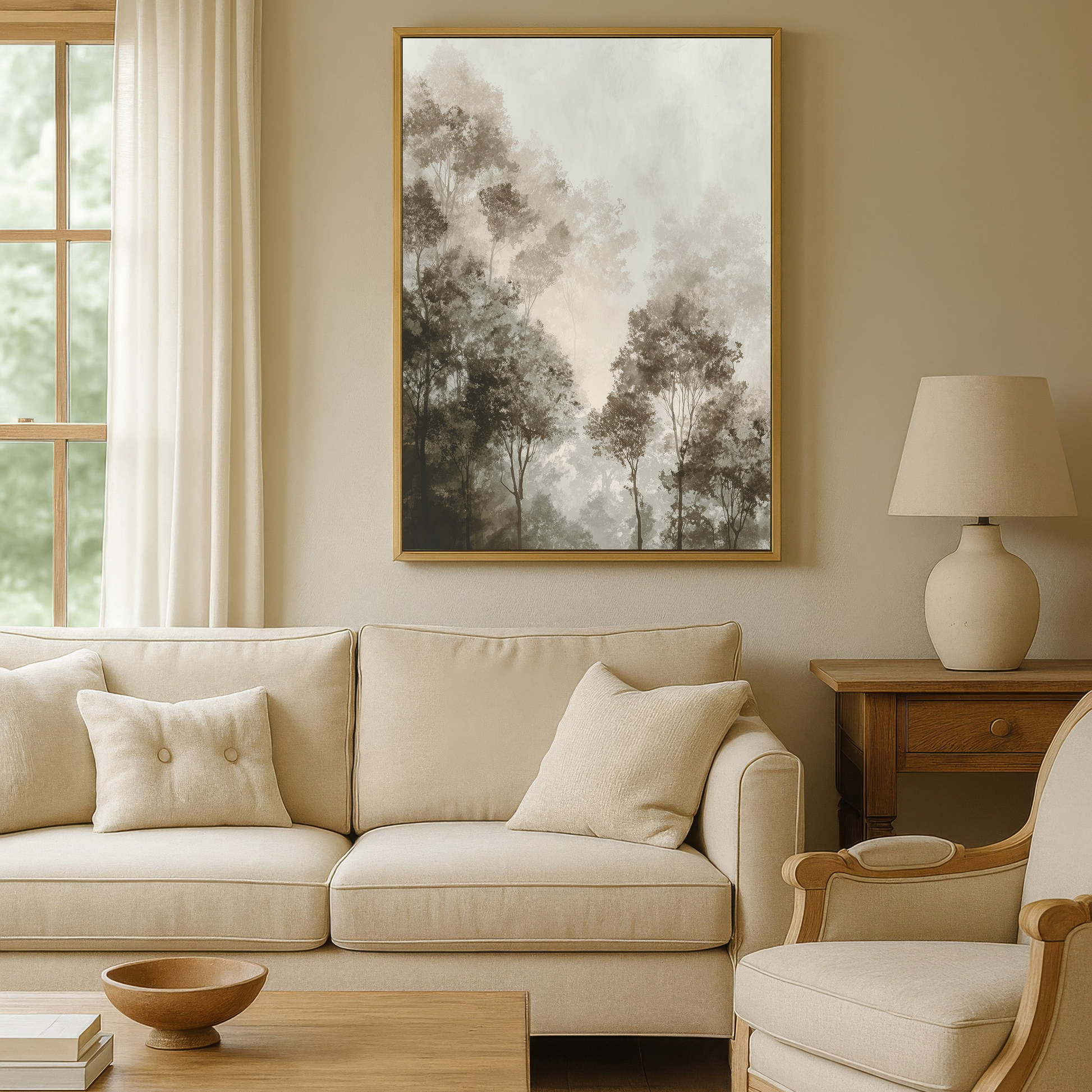 a cozy living room with a large window, a beige sofa, a wooden coffee table, and a framed landscape painting on the wall.