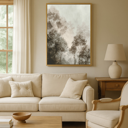 a cozy living room with a large window, a beige sofa, a wooden coffee table, and a framed landscape painting on the wall.