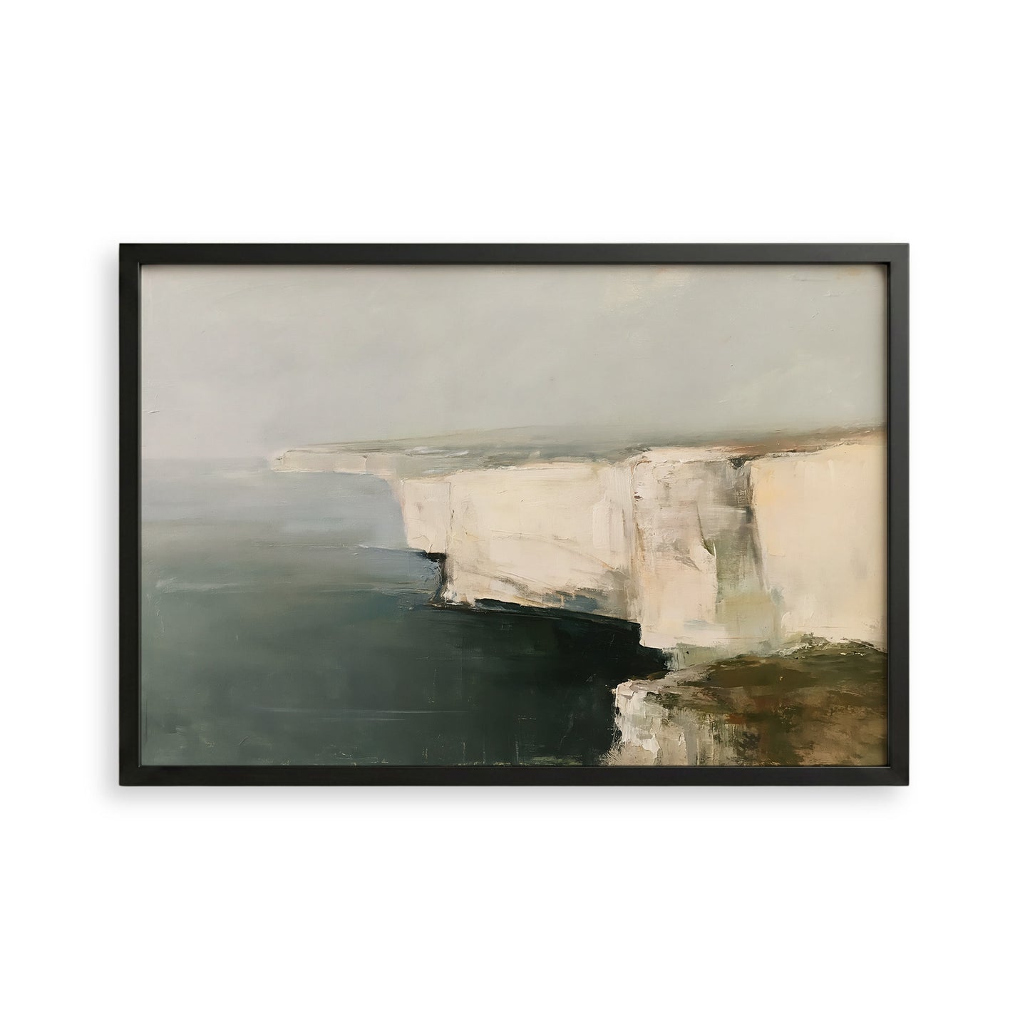 The image is a framed painting depicting a dramatic cliff overlooking the ocean.