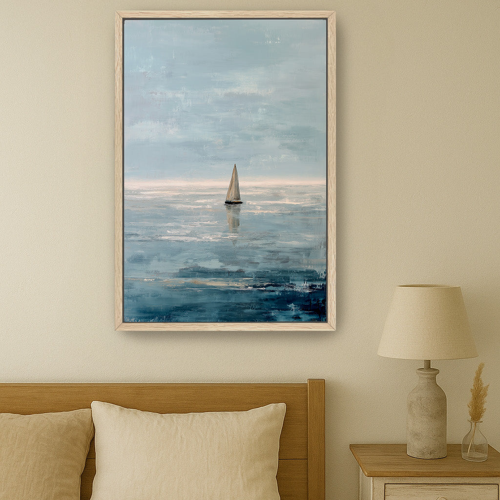 a serene scene of a sailboat on the water, with a calm and peaceful atmosphere.