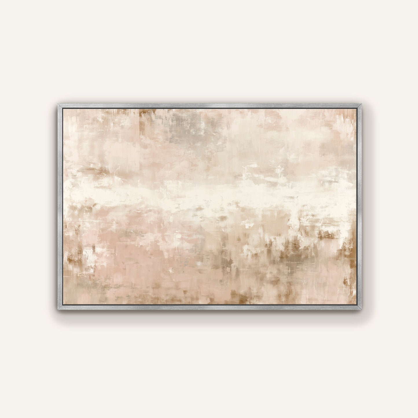 The image is a framed abstract painting with a light beige and brown color palette.