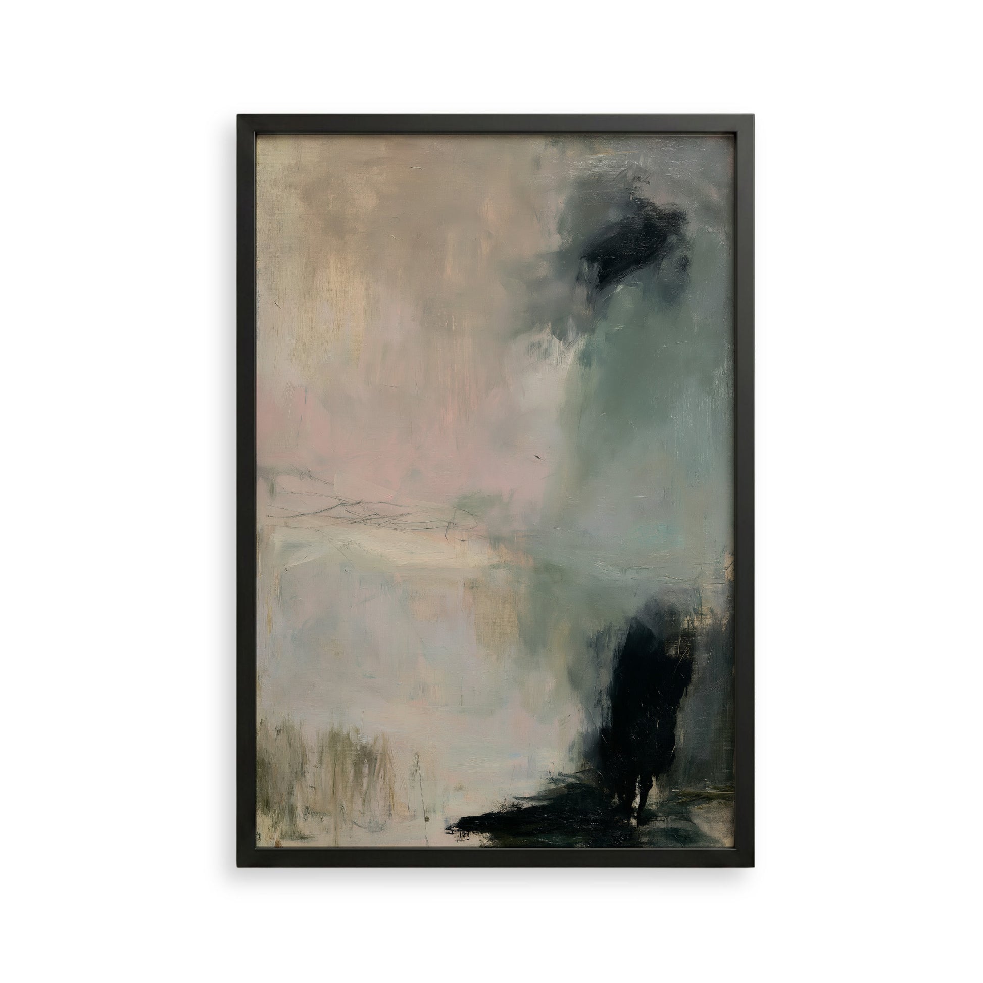 The image is an abstract painting with a predominantly light and dark color palette, featuring a large black shape in the center.