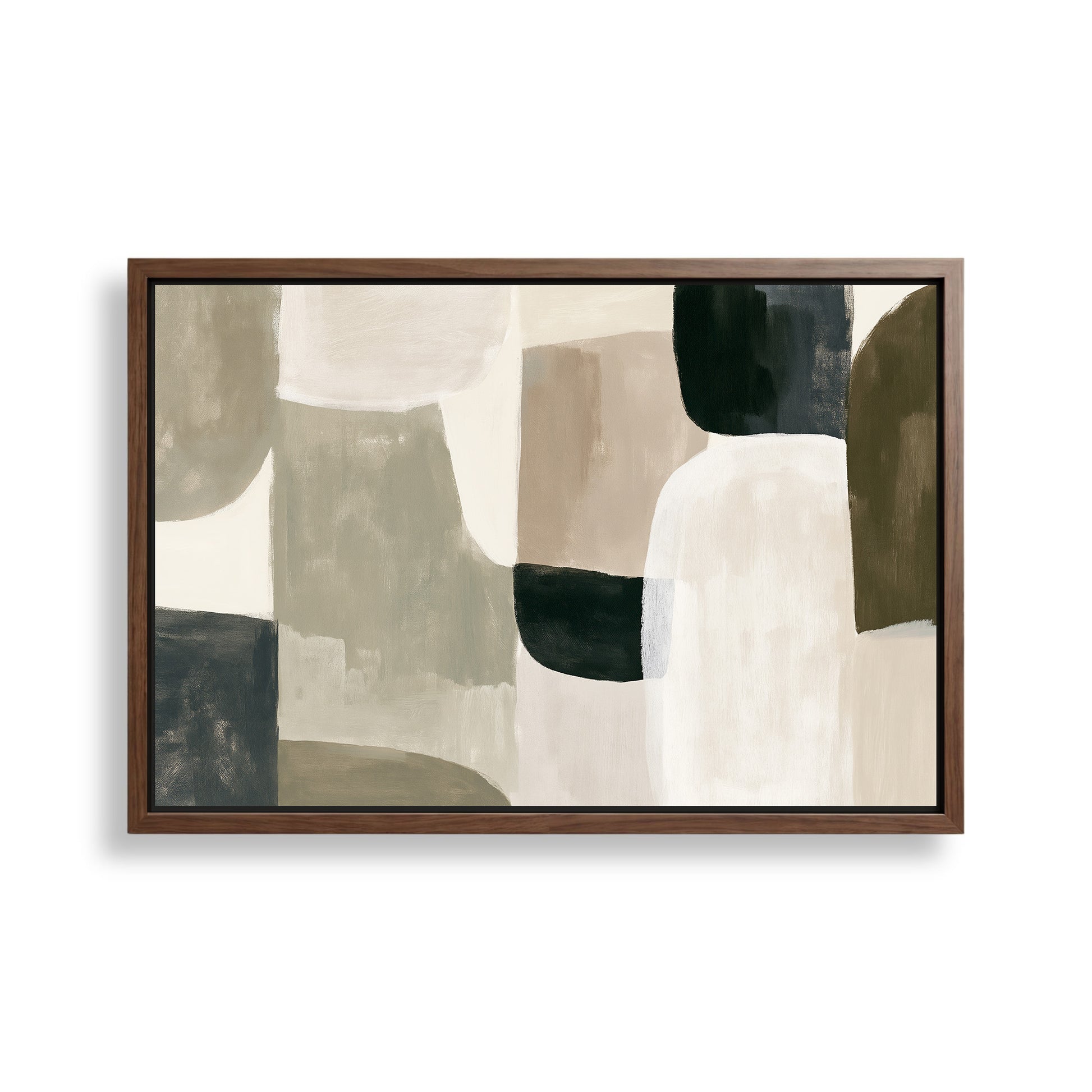 The image is a framed abstract painting with a minimalist design featuring various shades of brown and gray.