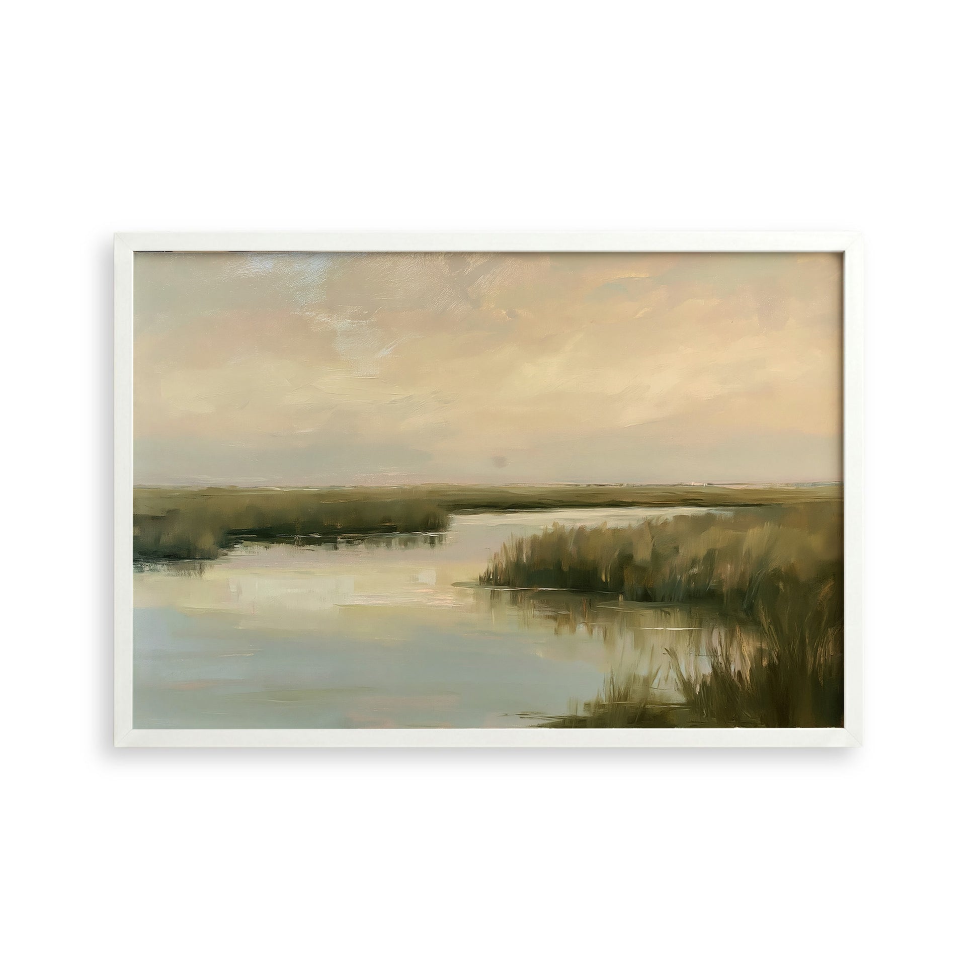 The image is a painting depicting a serene landscape with a body of water, possibly a lake or river, surrounded by lush vegetation. The sky is filled with clouds, creating a peaceful and tranquil atmosphere.