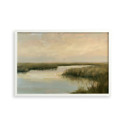 The image is a painting depicting a serene landscape with a body of water, possibly a lake or river, surrounded by lush vegetation. The sky is filled with clouds, creating a peaceful and tranquil atmosphere.