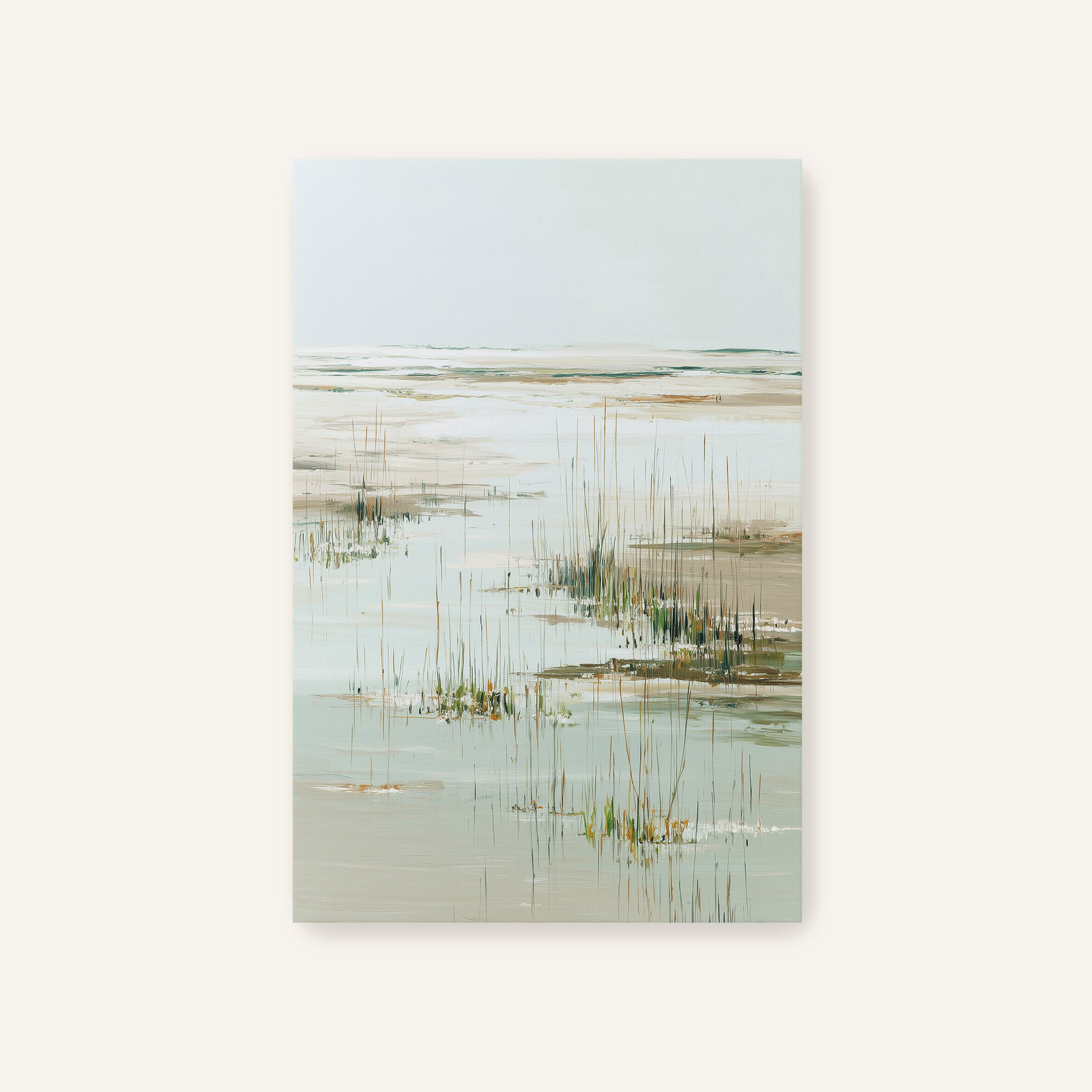 a serene landscape with a calm body of water, possibly a lake or a pond, surrounded by tall grasses or reeds. The scene is set against a light blue sky, creating a peaceful and tranquil atmosphere.