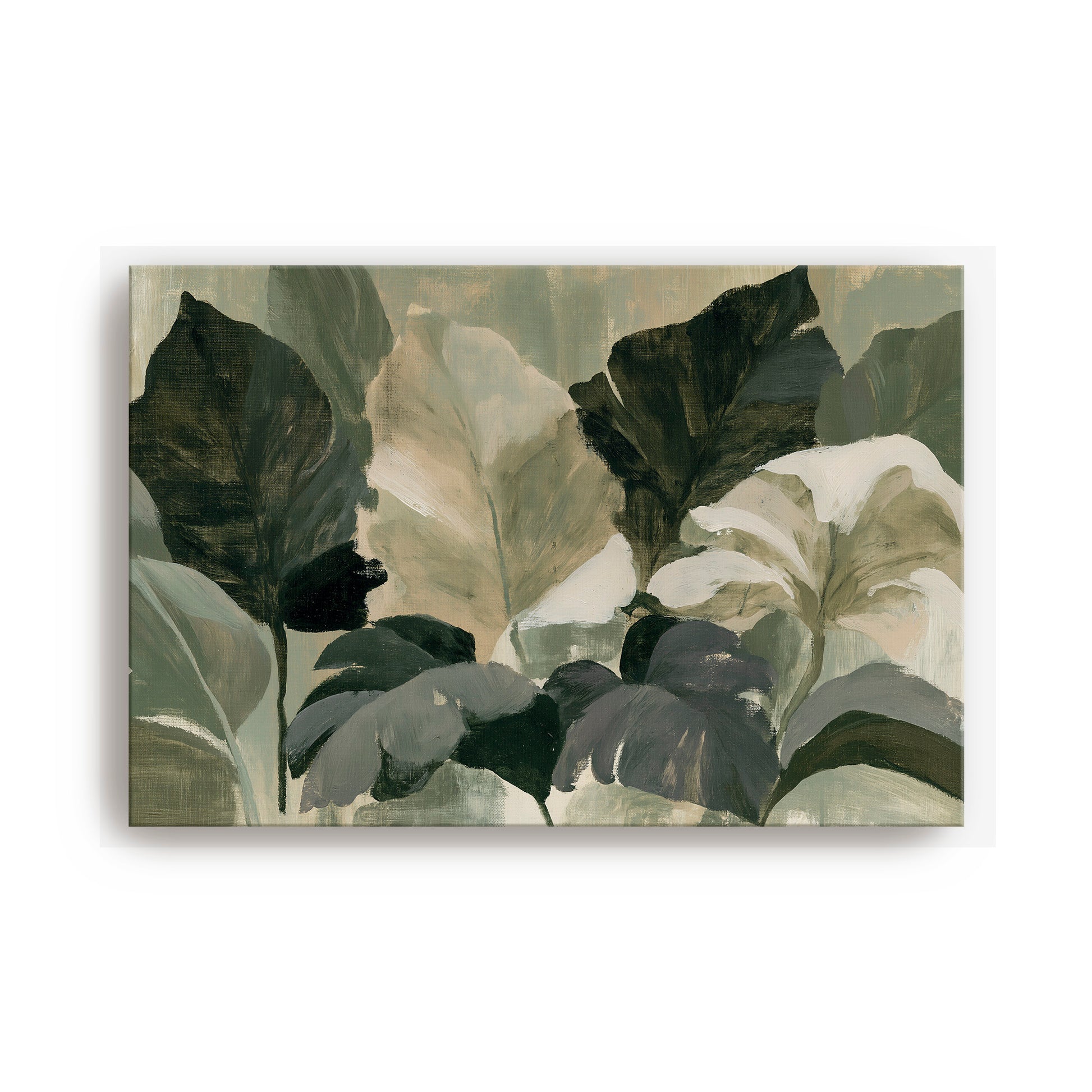 The image is a painting featuring a variety of green and gray leaves, creating a lush and natural scene.
