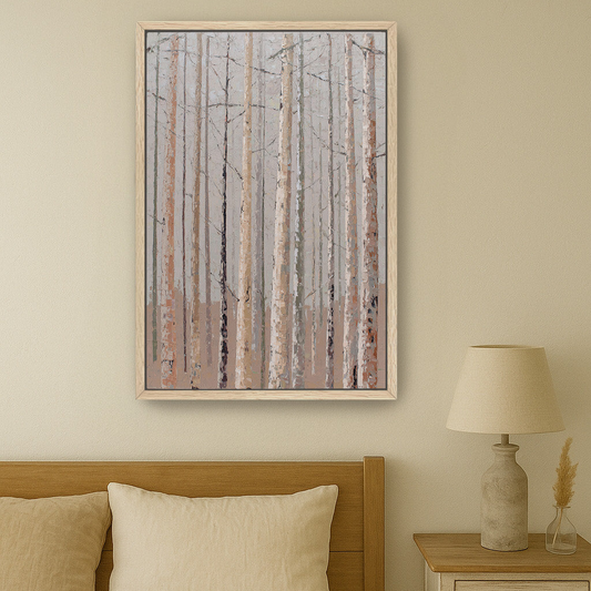 a serene bedroom scene with a wooden headboard, a framed painting of a forest of bare trees, and a lamp on a nightstand.
