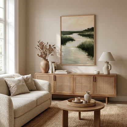 a serene living room with a large painting of a river and green landscape hanging on the wall. The room is furnished with a beige sofa, a wooden sideboard, and a round coffee table. The overall decor has a neutral color palette, creating a calm and inviting atmosphere.
