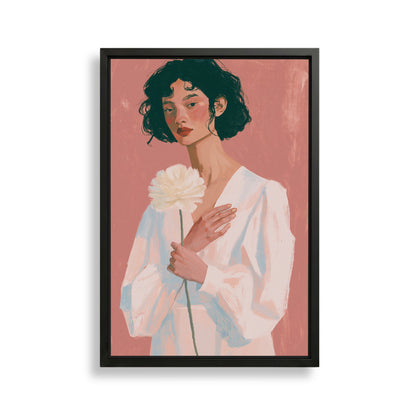 A framed illustration of a woman holding a white flower against a pink background.