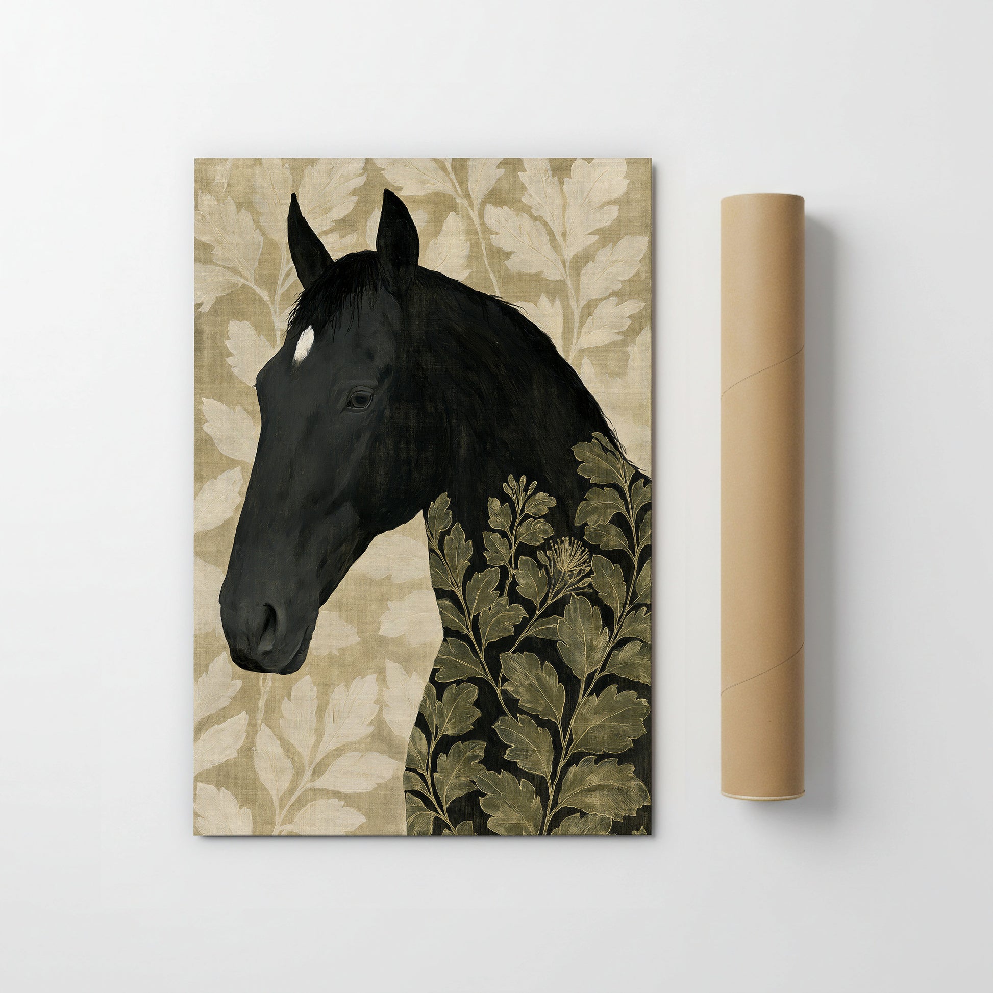 a black horse with a leafy background.