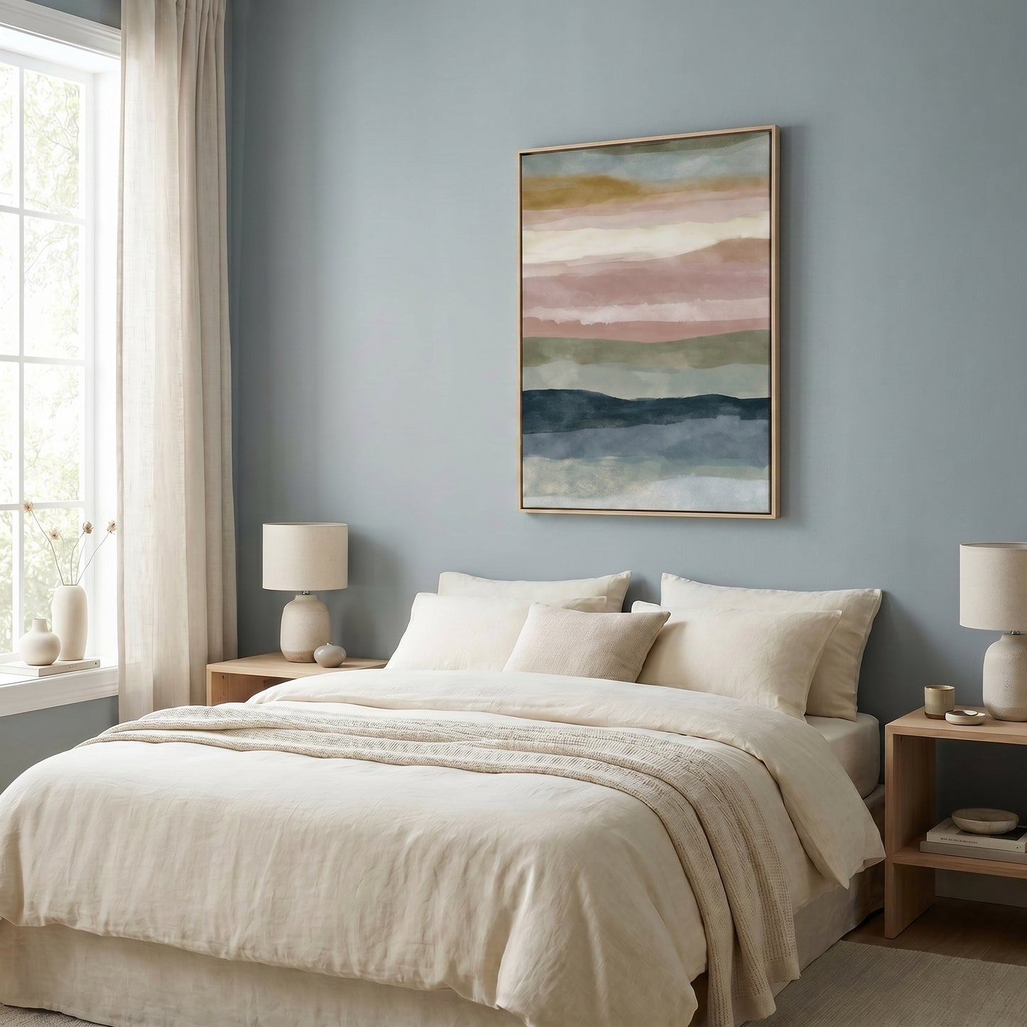 a serene and cozy bedroom with a large bed, a framed abstract painting on the wall, and two nightstands with lamps. The room has a calming color palette and a minimalist design, creating a peaceful and inviting atmosphere.