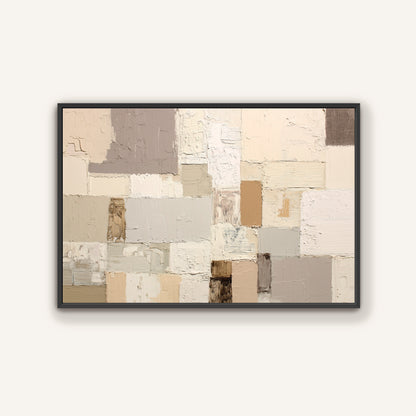 The image is a framed abstract painting with a variety of textures and colors, including shades of gray, beige, and brown.
