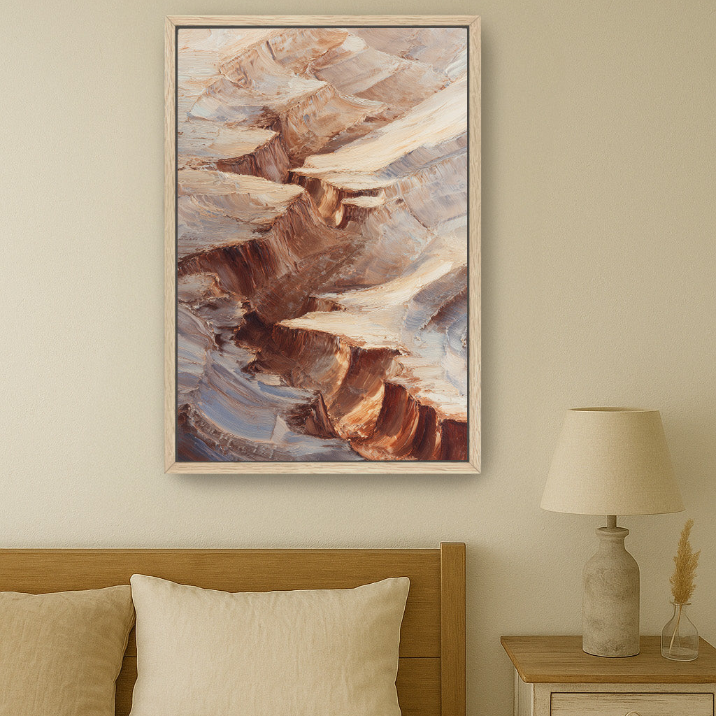 a bedroom with a large framed painting hanging on the wall above a bed with a wooden headboard.
