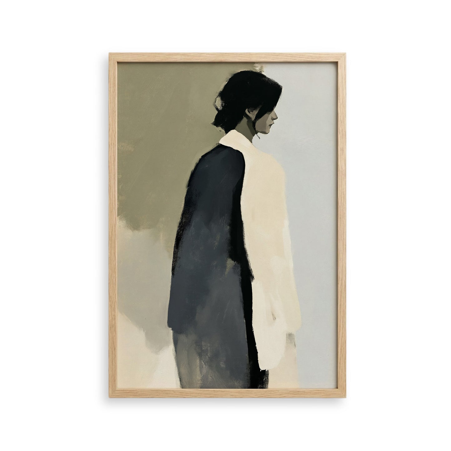 The image is a framed painting depicting a woman in profile, wearing a black and white outfit.