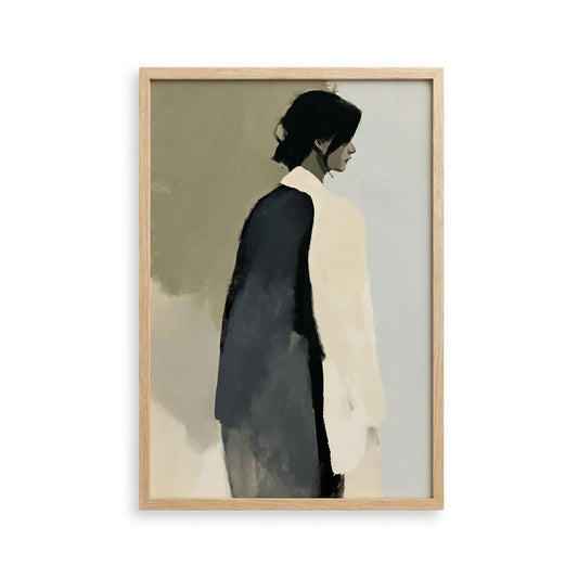 The image is a framed painting depicting a woman in profile, wearing a black and white outfit.