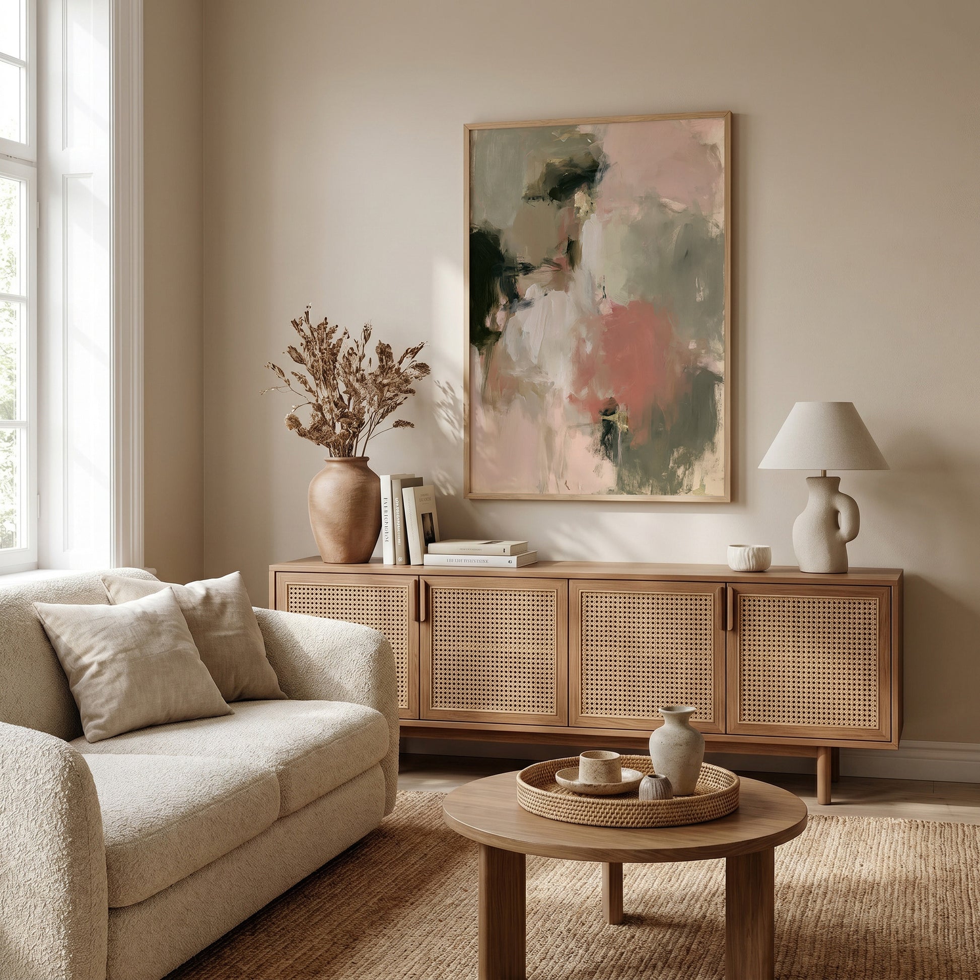 a cozy living room with a beige sofa, a wooden sideboard, and a large abstract painting on the wall.