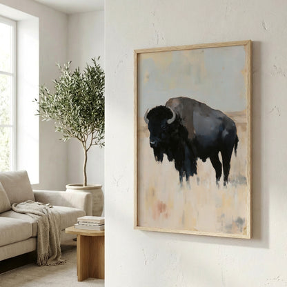 a large painting of a black bison in a field, hanging on a white wall in a living room.
