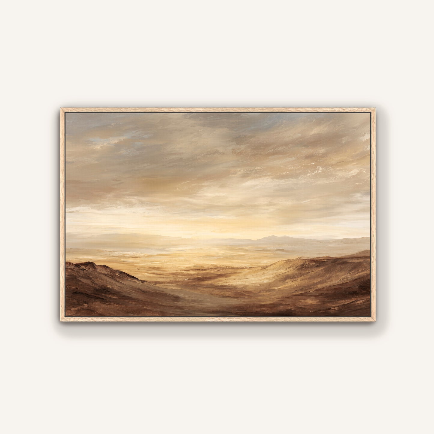 The image is a landscape painting depicting a vast, open desert with rolling hills and a cloudy sky in the background.