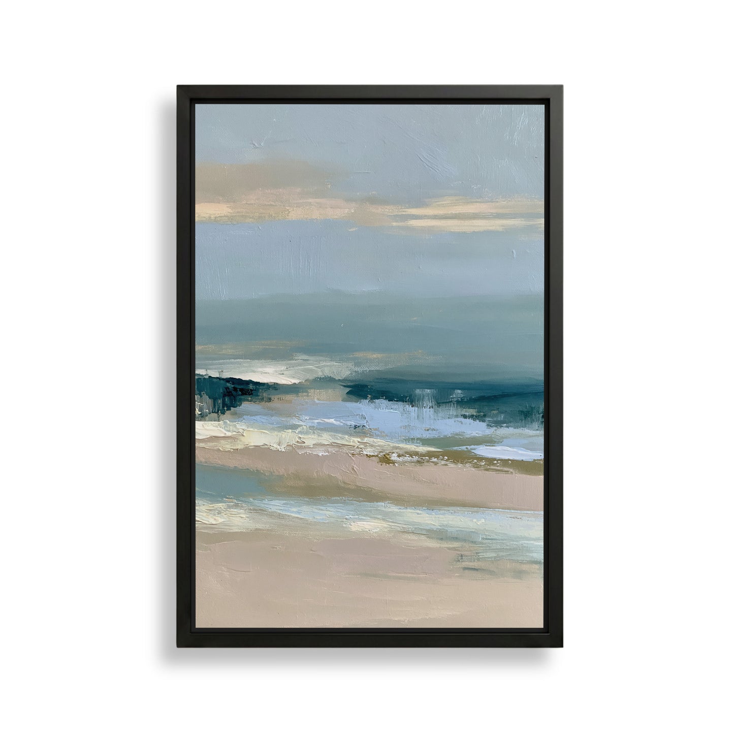The image is a framed painting depicting a serene landscape with a body of water and a cloudy sky.