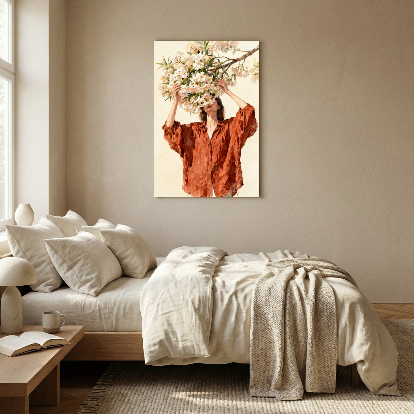 a serene bedroom scene with a bed, a nightstand, and a painting of a woman holding a branch of flowers.