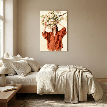 a serene bedroom scene with a bed, a nightstand, and a painting of a woman holding a branch of flowers.