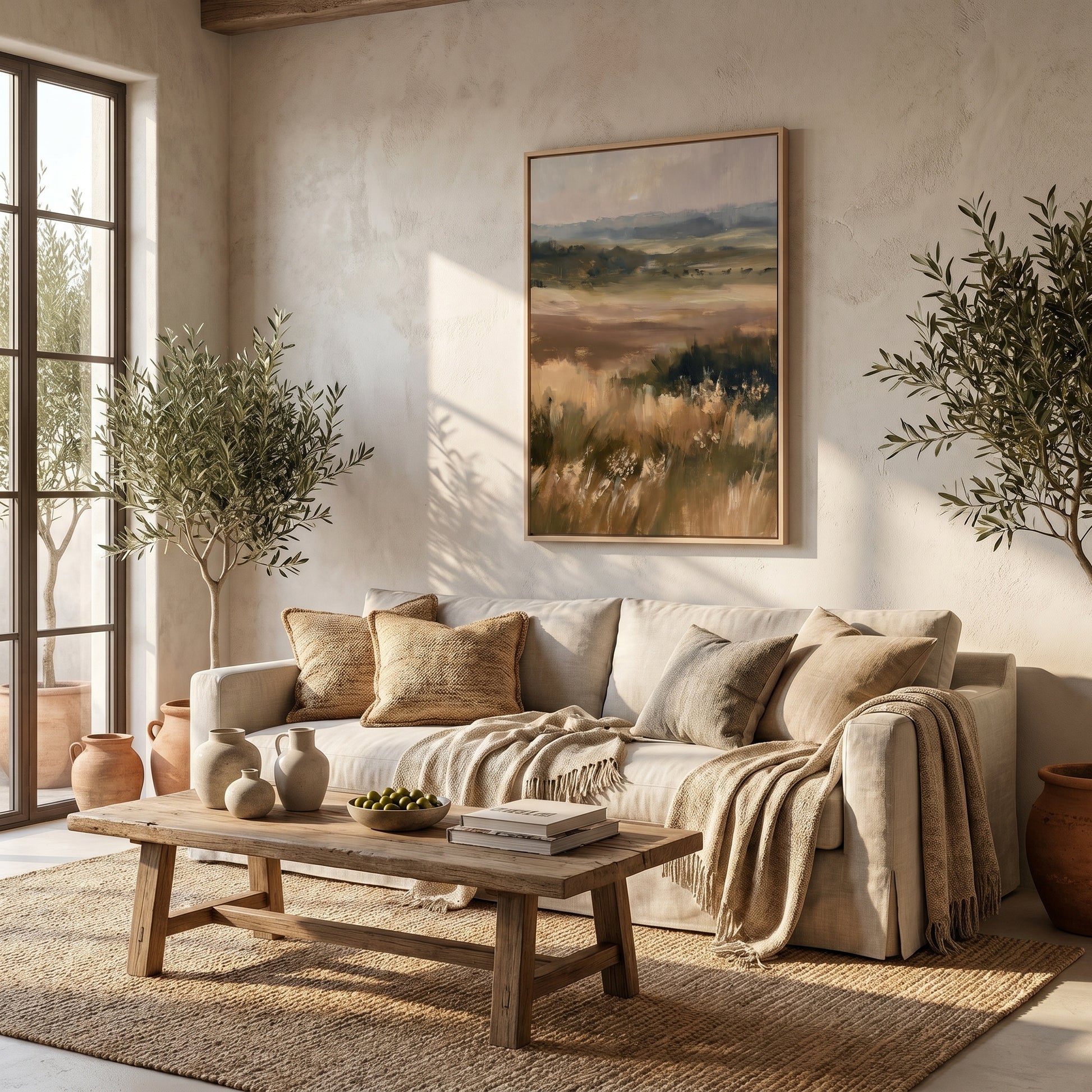 a cozy living room with a large window, a comfortable sofa, a wooden coffee table, and a painting of a field on the wall.